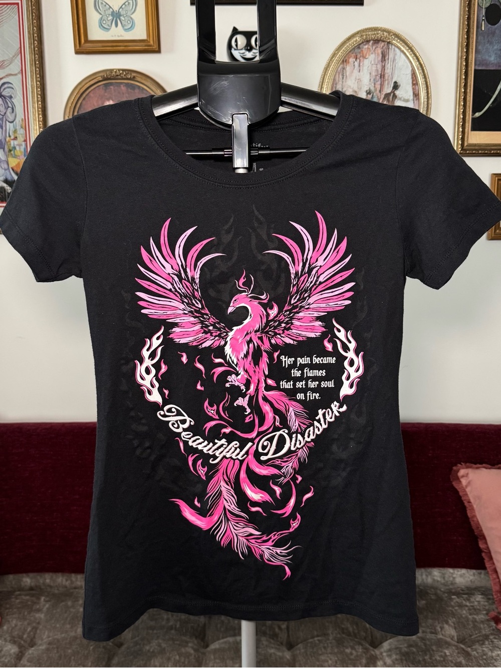 Y2K Beautiful Disaster Women's Black Tee with Pink Phoenix Graphic